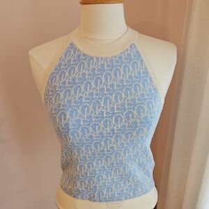 Blue and Cream Monogram Halter Neck Knit Tank Top M